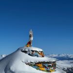 A snow-covered stupa adorned with colorful prayer flags against a clear blue sky in the Altai Mountains.